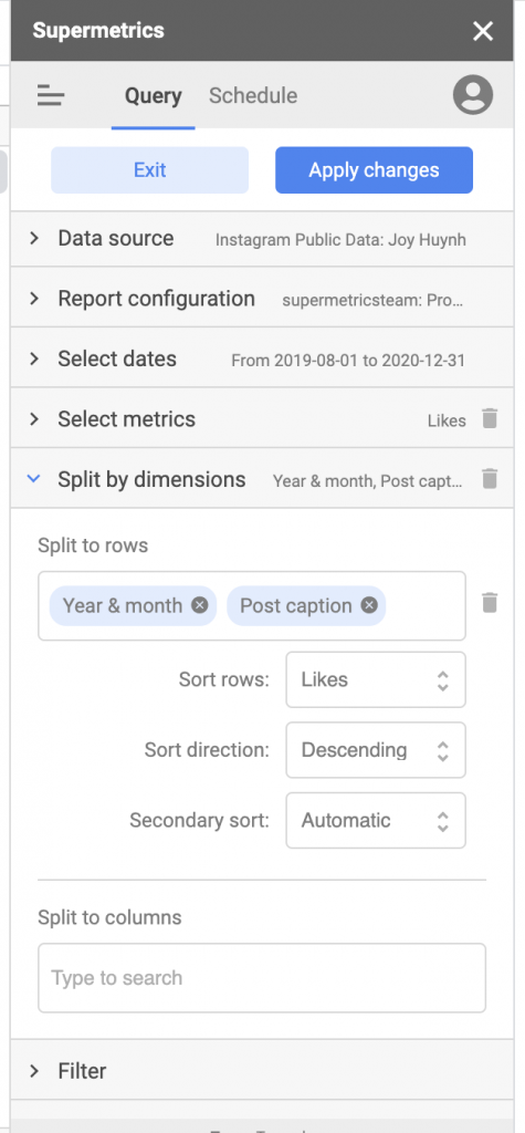 Supermetrics for Google Sheets data query split by dimensions view in sidebar for Instagram Public Data connector split to rows settings 'year & month' and 'post caption' options