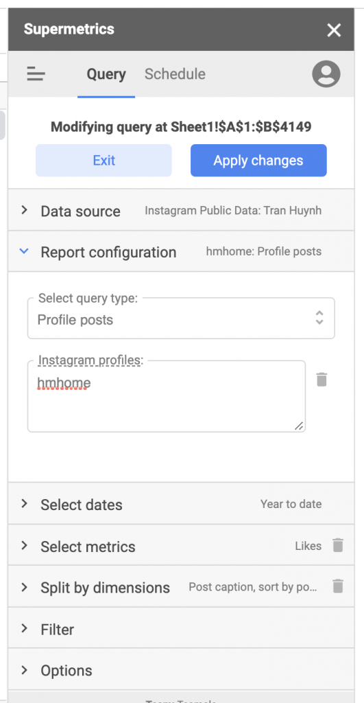 Supermetrics for Google Sheets data query report configuration view in sidebar for Instagram Public Data connector searching for 'hmhome' profile posts