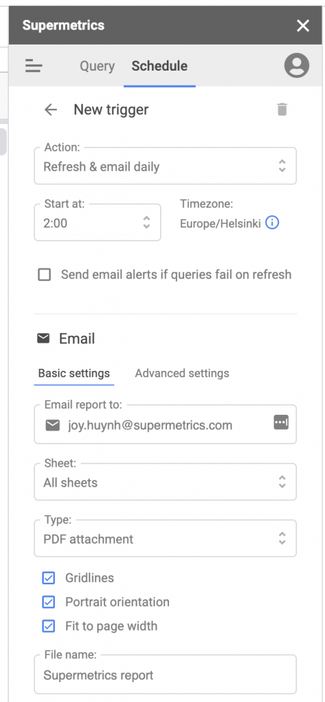 Schedule refresh & emailing settings in Supermetrics for Google Sheets sidebar view 'new trigger' settings