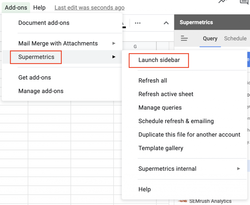 Google Sheets for Supermetrics add-ons launch sidebar drop-down menu