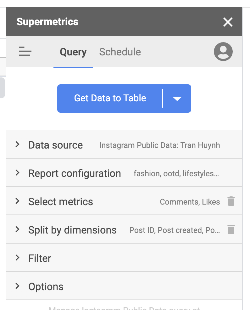 Supermetrics for Google Sheets data query settings view in sidebar Instagram Public Data connector