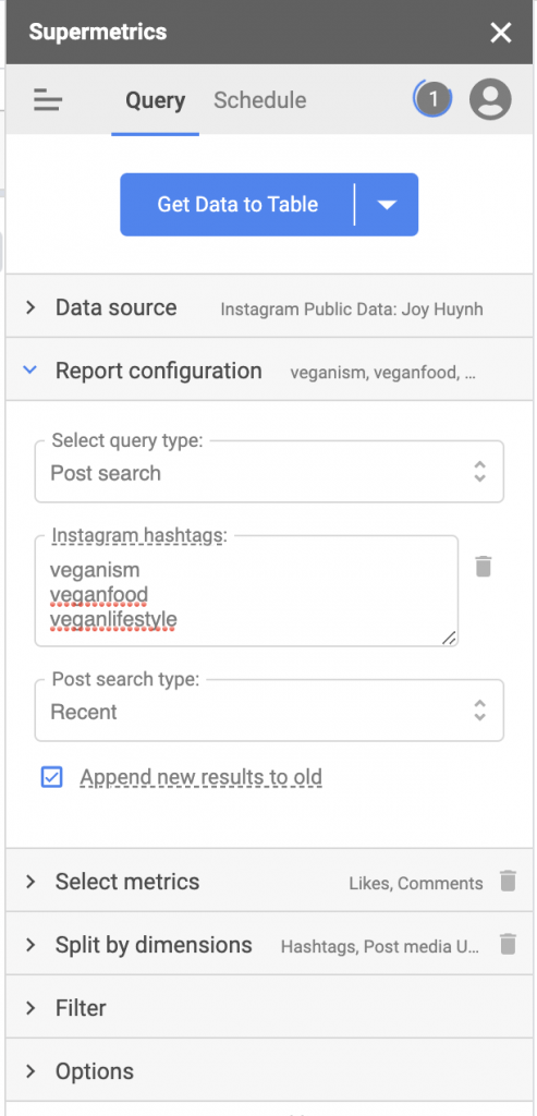 Supermetrics for Google Sheets data query report configuration view in sidebar Instagram Public Data connector