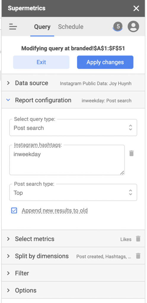 Supermetrics for Google Sheets data query report configuration view in sidebar for Instagram Public Data connector searching for 'inweekday' hashtag