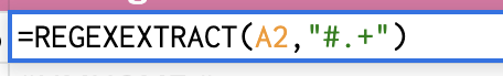 Formula to extract hashtag content from post caption in Google Sheets with Supermetrics data integration. (=REGEXEXTRACT(A2,"#.+"))