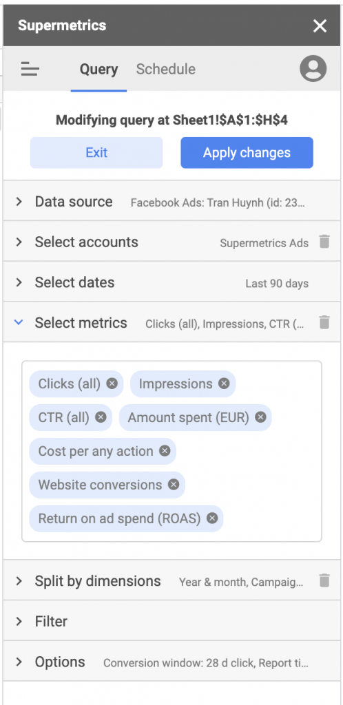 Import Facebook Ads data to Google Sheets, sidebar