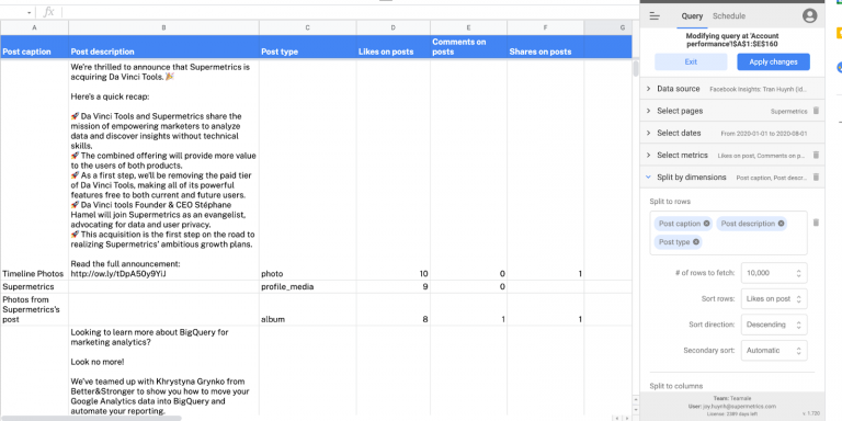 Import Facebook Page data to Google Sheets, report