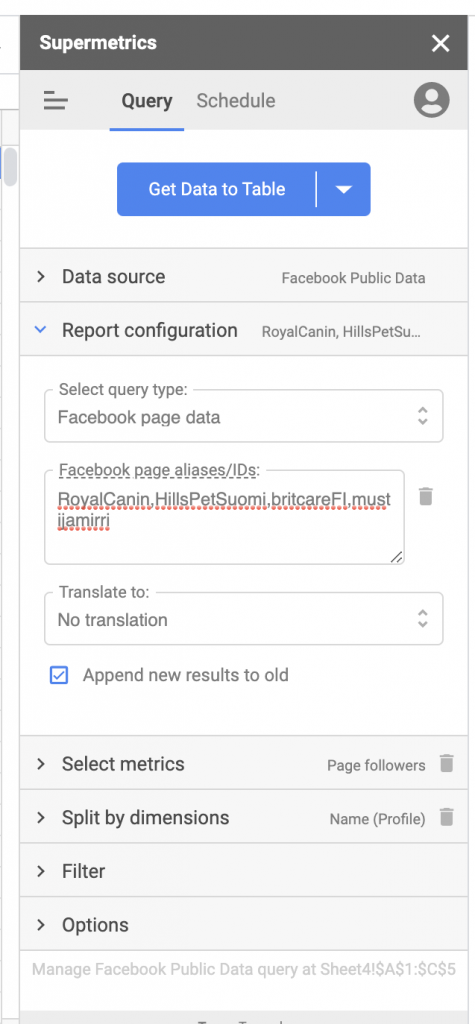 Import Facebook public data to Google Sheets, report
