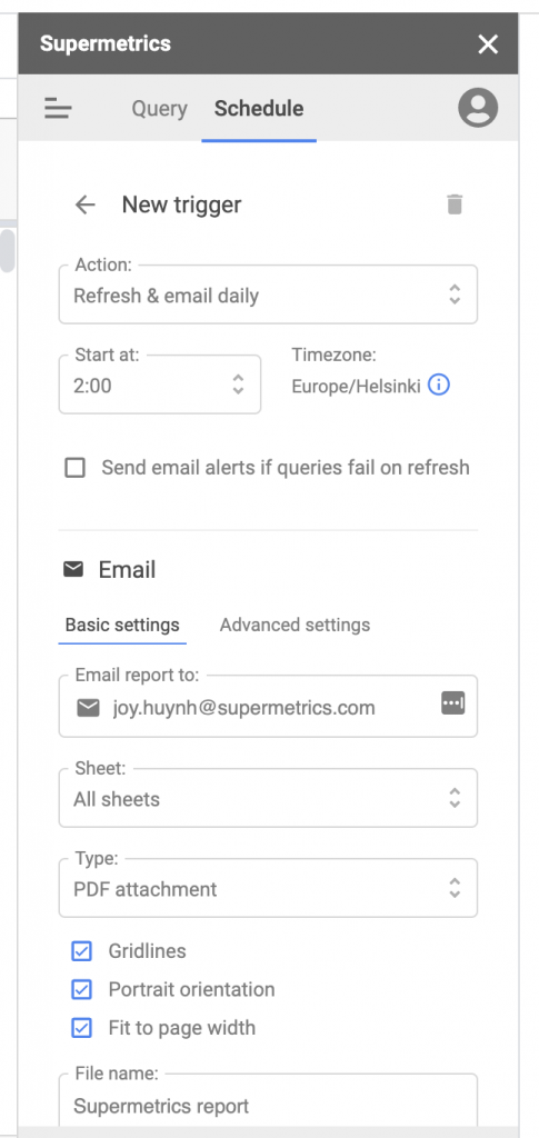 Supermetrics for Google Sheets sidebar schedule settings