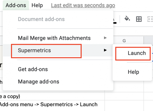 Launch the Supermetrics sidebar in Google Sheets.