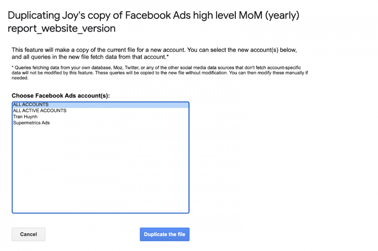 Supermetrics for Google Sheets, add Facebook Ads accounts.