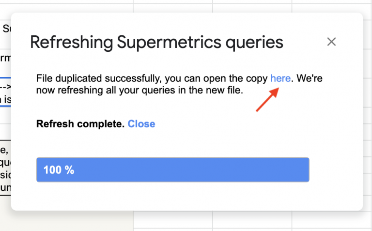 Supermetrics for Google Sheets, refresh queries pop-up.