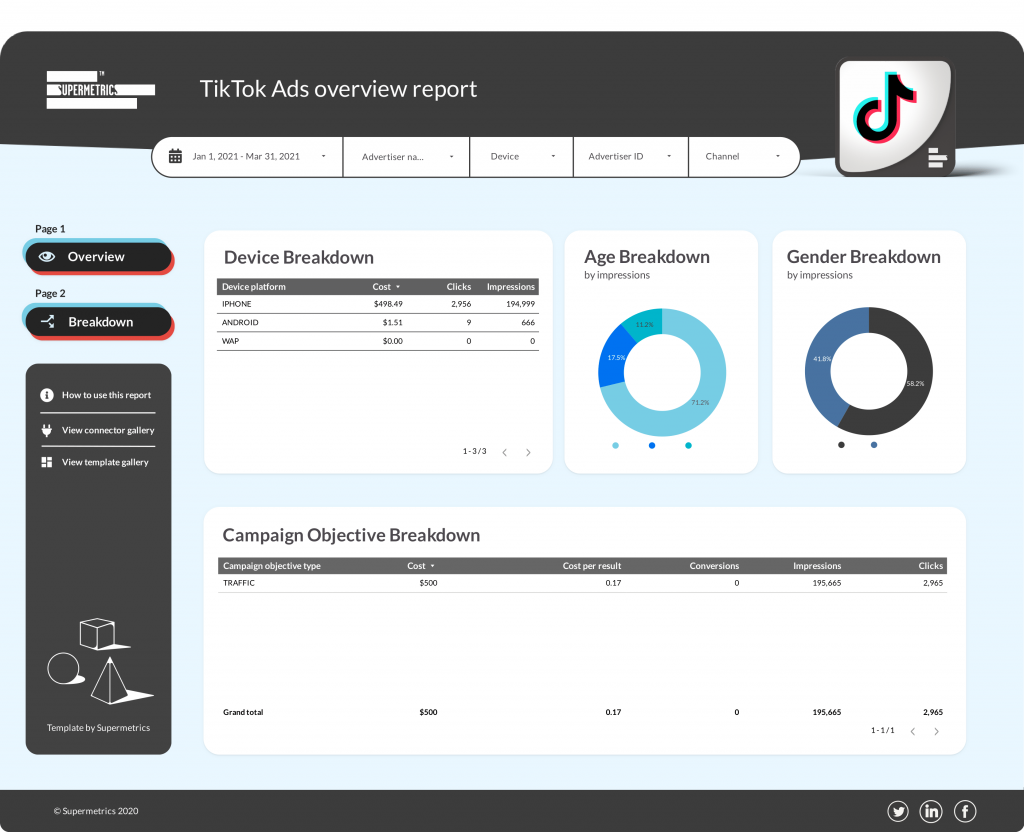 TikTok Ads detailed performance dashboard