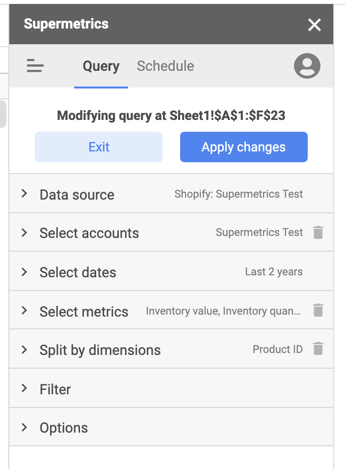 Supermetrics query to monitor your Shopify inventory