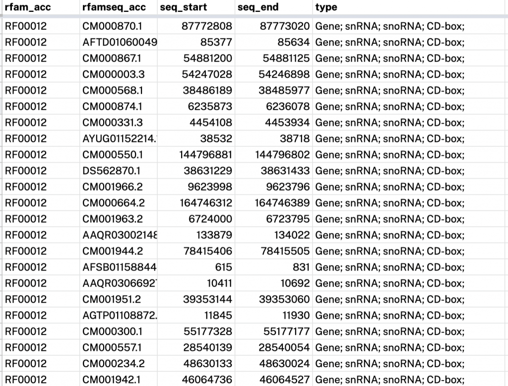 Google Sheets file showing data about snoRNA families found in mammals