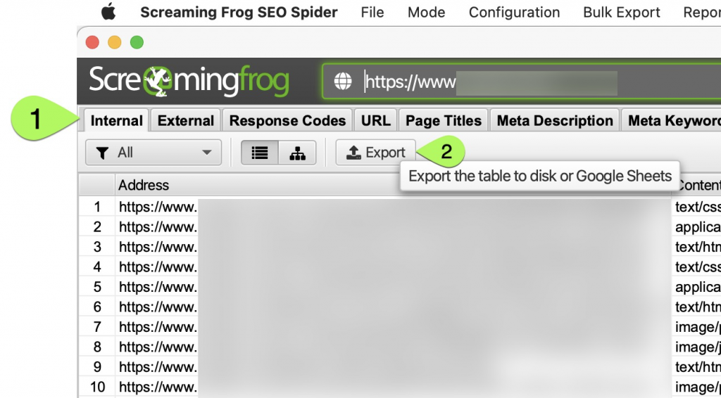 Export your list from Screaming Frog