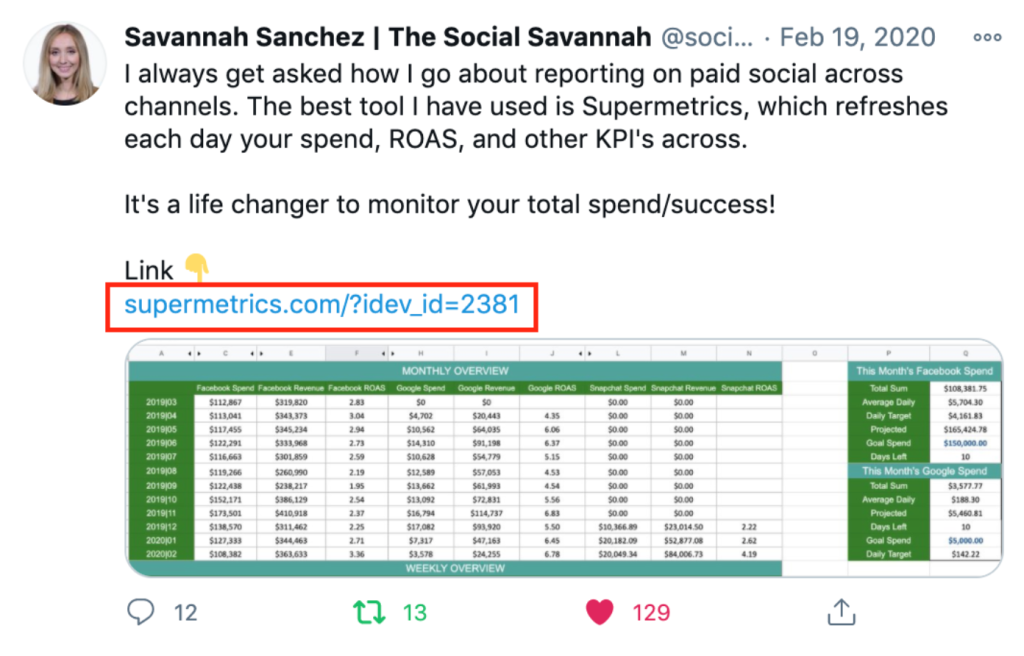 tweet from savannah sanchez about supermetrics
