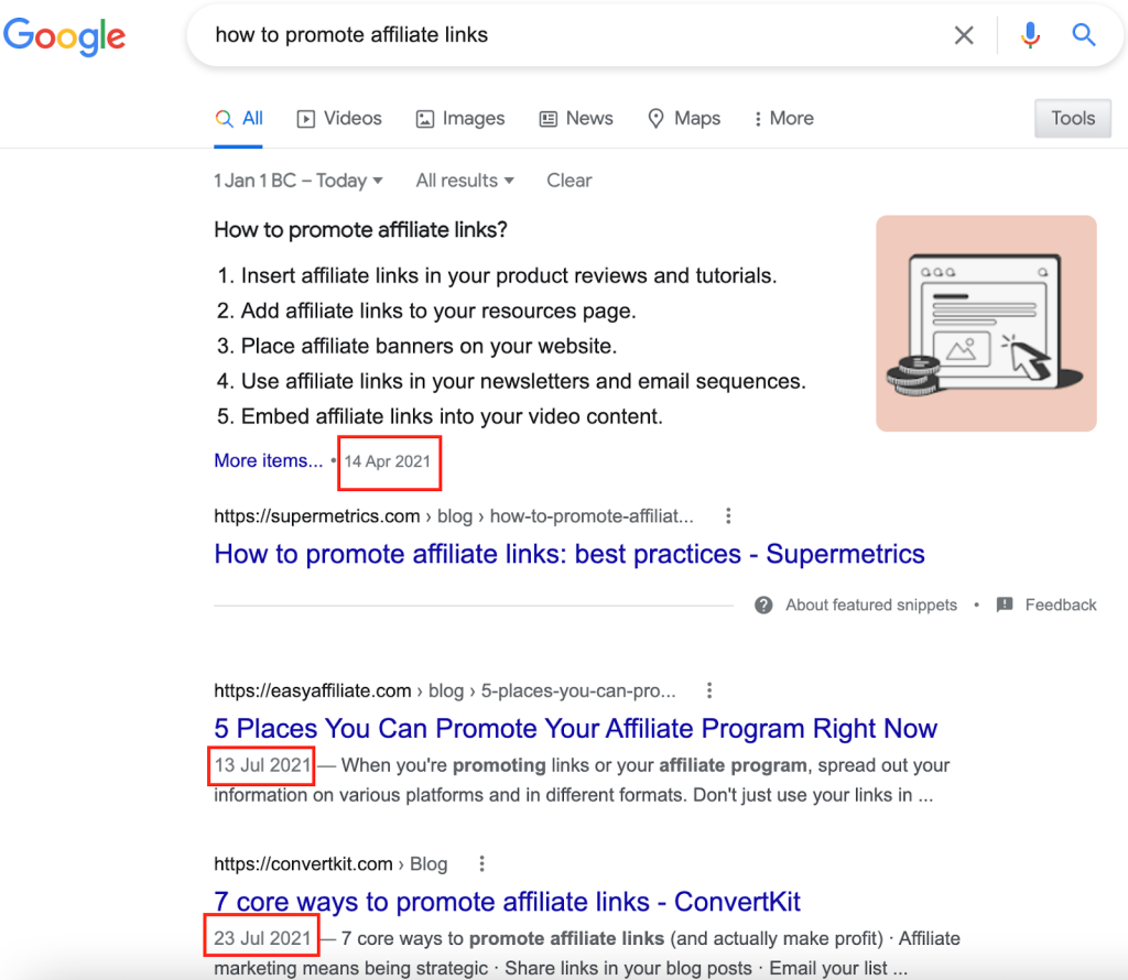 published dates highlighted in search results for keyword how to promote affiliate links