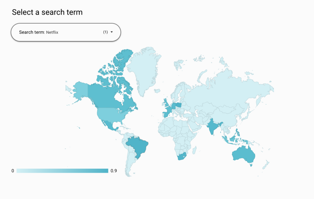 A map showing search interest by country