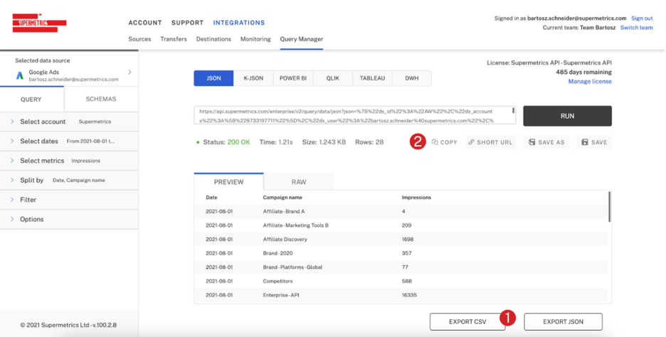 Tableau Prep Supermetrics API, Query Manager