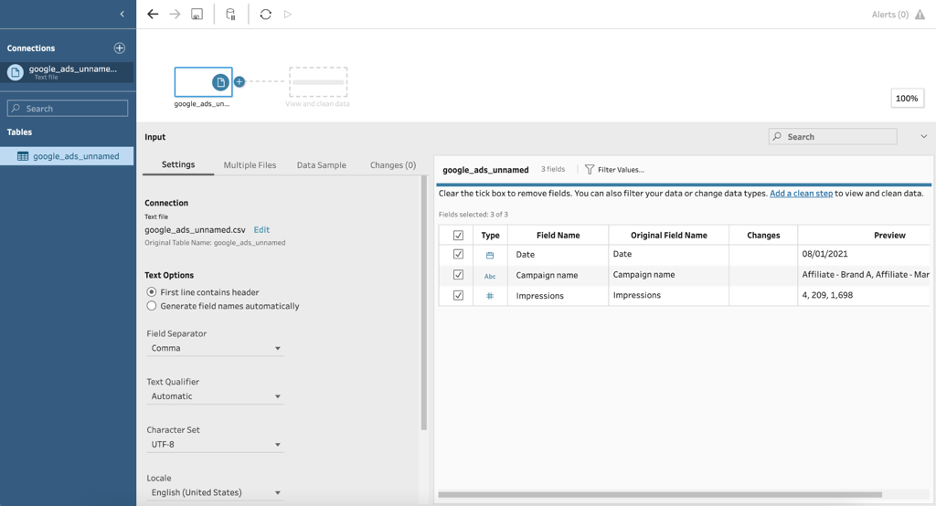 Tableau Prep Supermetrics API, connections