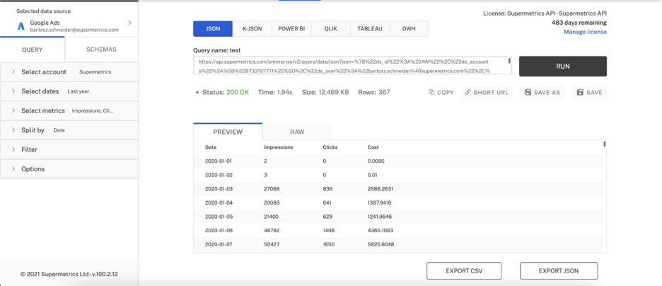 Tableau Prep Supermetrics API, json query