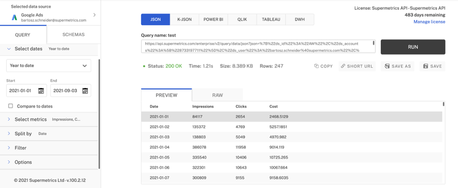 Tableau Prep Supermetrics API, json query preview