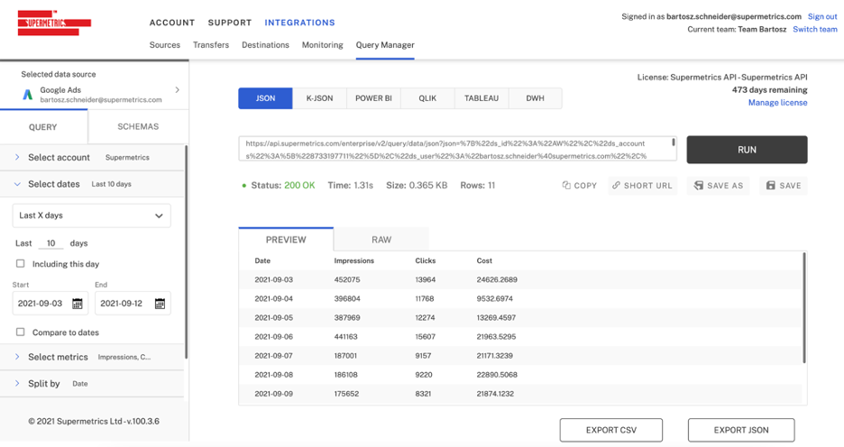 Tableau Prep Supermetrics API, query manager view