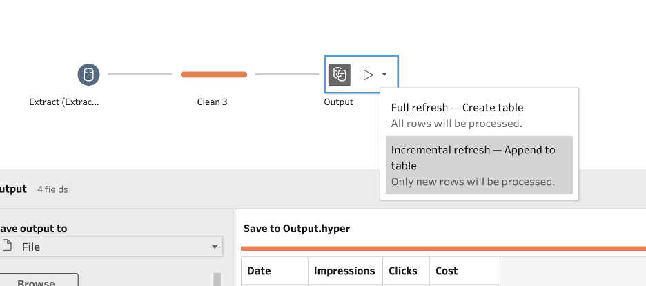 Tableau Prep Supermetrics API, output function, incremental refresh — append to table selection