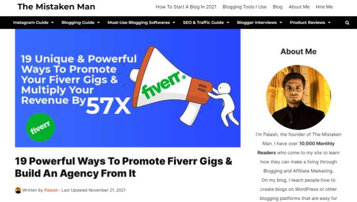 The Mistaken Man website. Article: 19 Powerful Ways to Promote Fiverr Gigs