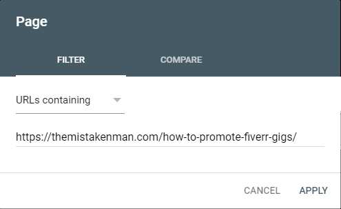 Google Search Console, page filter view