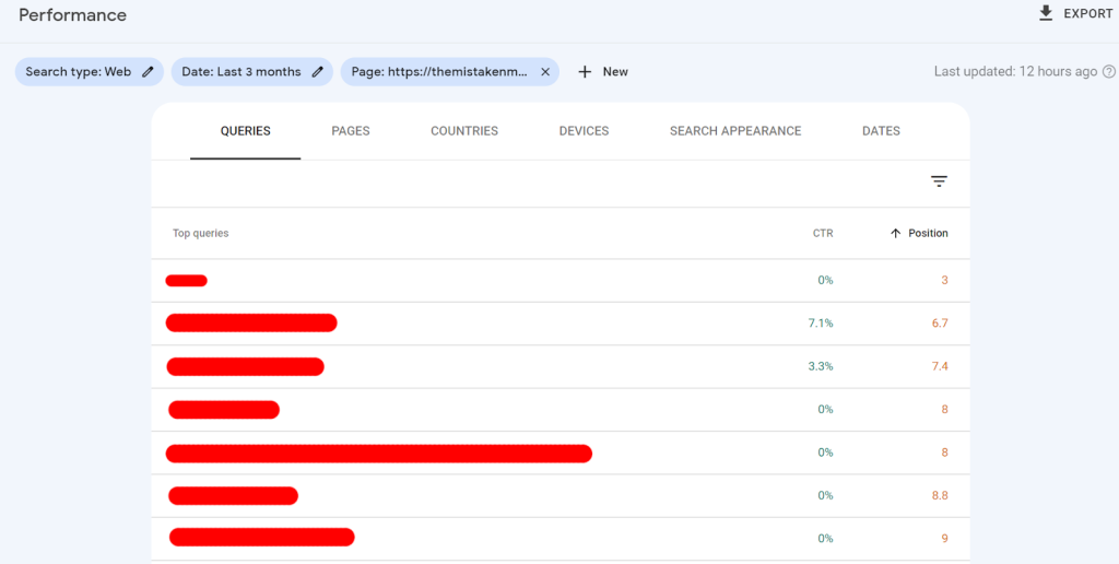 Google Search Console queries report view