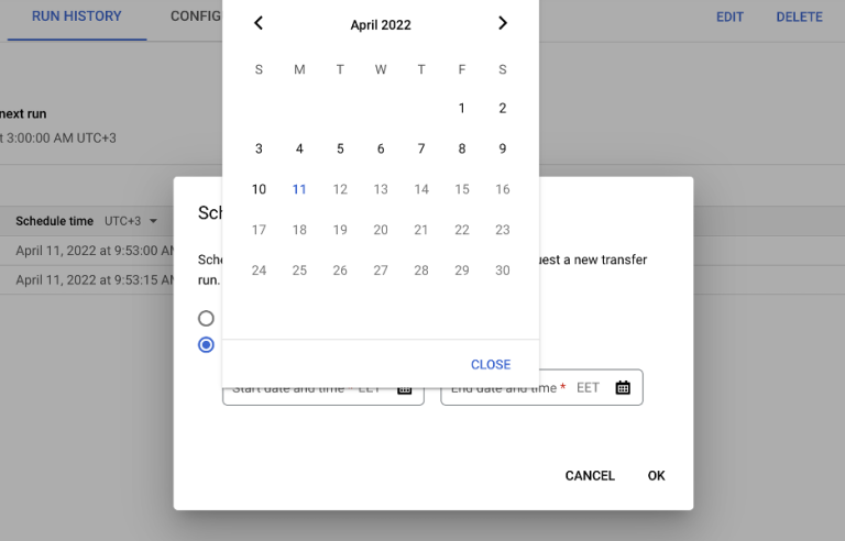 Choose a data range for your data transfer