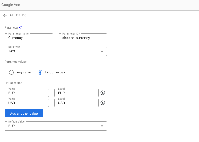 You need to give your parameter a name, and it automatically creates a parameter ID. After, you can fill in the values.