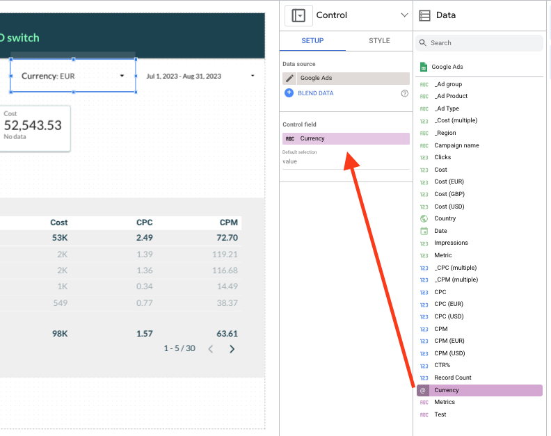 After creating the parameter, you can drag it to your control field, and you get the currency selector showing. 