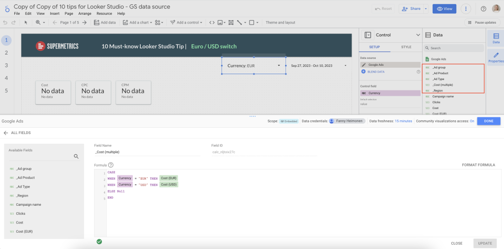 The formula shows the parameter we just created, currency, in pink and the calculated fields it consists of in green.