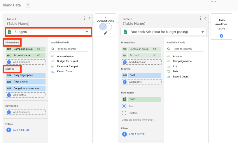  In the “Blend Data” window, you can select the data sources, dimensions and metrics you want to blend.