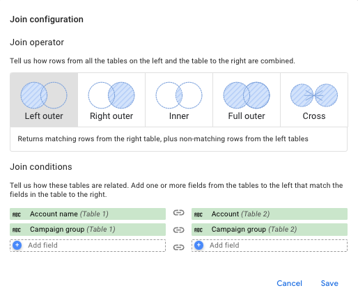 When configuring your join, you need to select the join operator from left outer, right outer, inner, full outer, or cross joins. And define the join conditions, so tell Looker Studio how the tables are related.