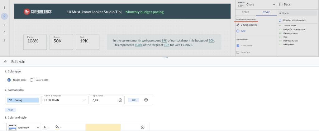 You’ll find conditional formatting under the style panel. It’s a great way to quickly spot outliers in your data by highlighting them with a specific color.