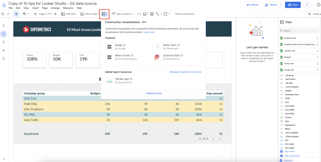 You’ll find the “Tell me” chart, as well as other Supermetrics charts, from the community visualizations tab on top