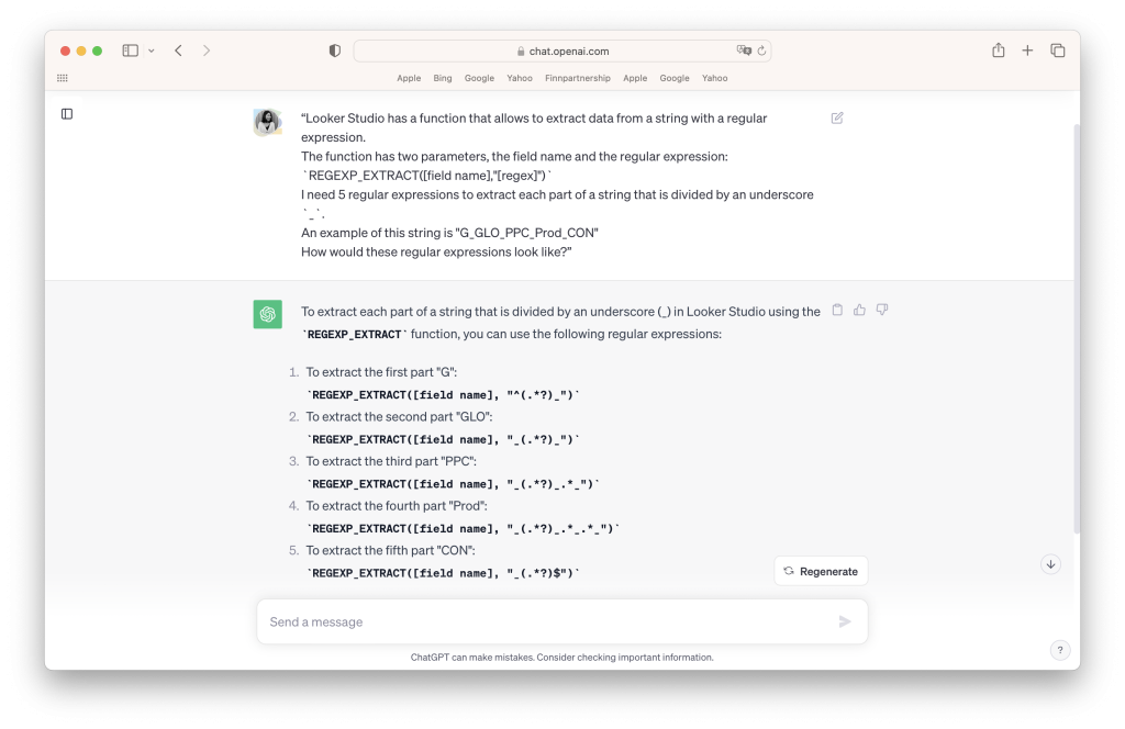 An example of how you can ask Chat GPT to write you a Regular Expression.