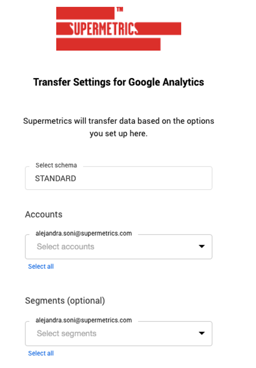 Transfer settings for Google Analytics to BigQuery