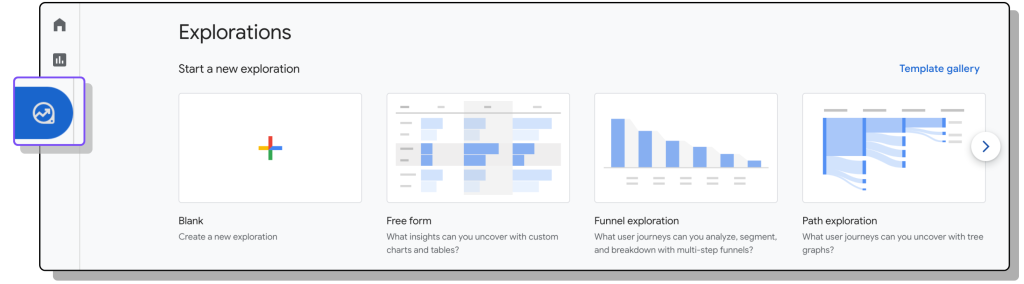 Explorations tab in google analytics 4 shows you different ways to dive deeper into your data, for example, free form, funnel, and path exploration