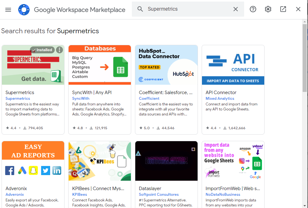 Supermetrics in the Extensions Menu for Google Sheets