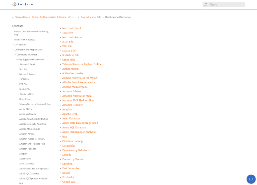 Tableau connectors interface