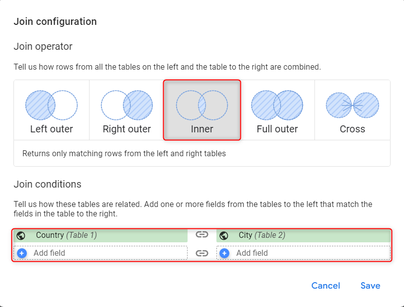 Data blending join options in Google Data Studio