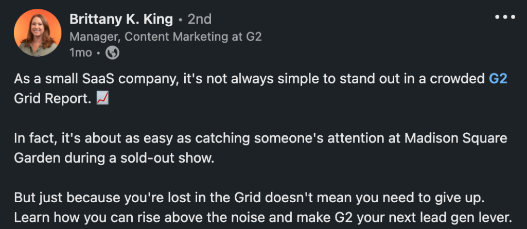 Brittany King LinkedIn post about getting on the G2 grid
