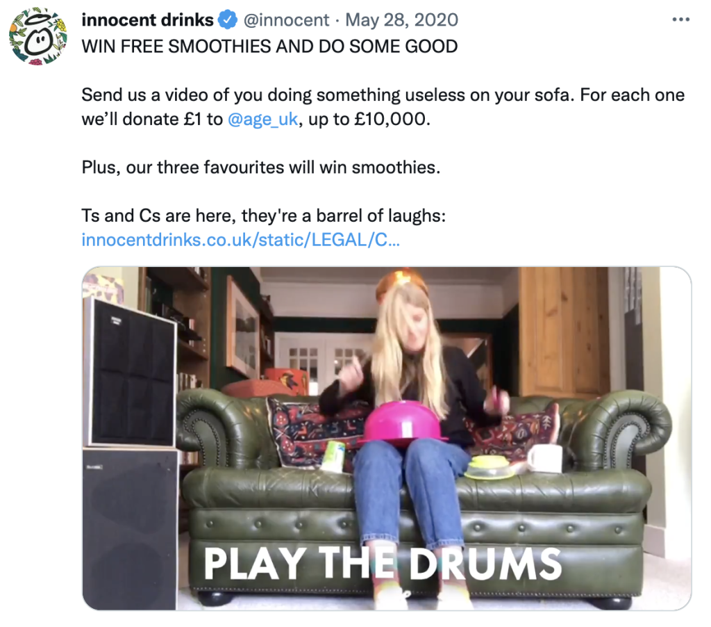 Innocent Drinks tweet- Win free smoothies and do some good.