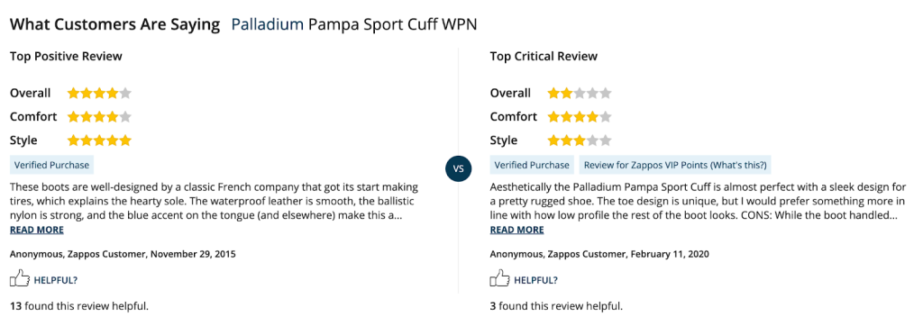 Zappos product customer reviews