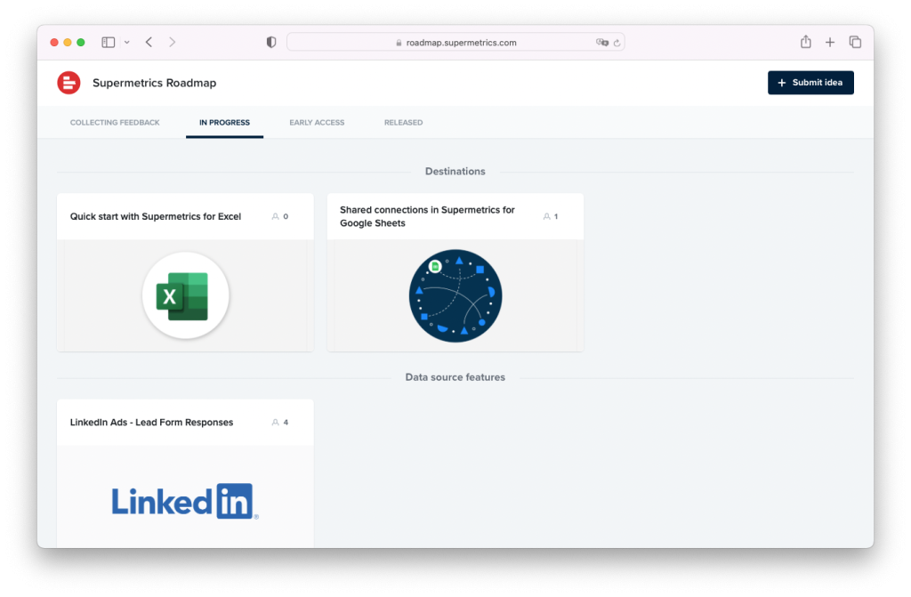  The Supermetrics Roadmap 'in progress' dashboard view