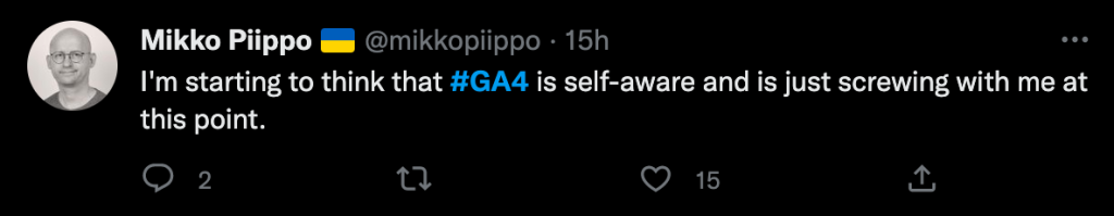 Tweet from Mikko Piippo on GA4
